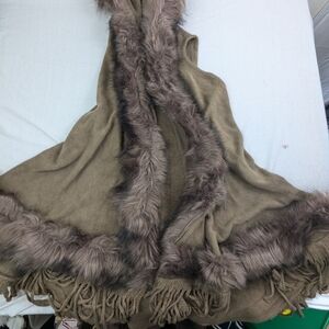 Northern Angel Faux Fur & Fringe Trimmed Long Sweater Shawl Brown Medium.